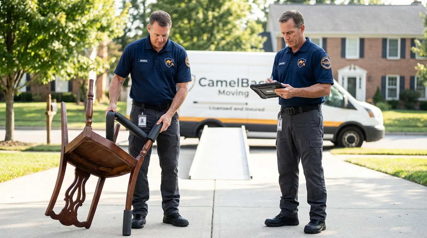 Movers inspecting furniture for damage prevention before loading in Strasburg, PA