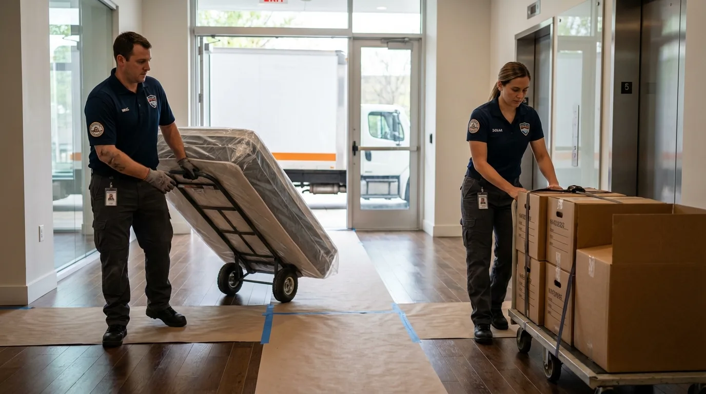 Professional apartment movers loading elevator in Strasburg, PA